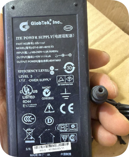 *Brand NEW* GlobTek Inc GT-81081-6015-T3 ITE Power Supply 15V 4A 60W, 5.5×2.5mm Round Port Charger Cable Genui